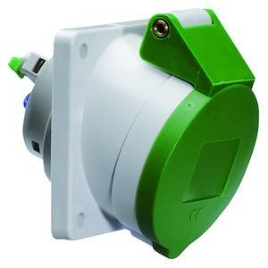 Biała i zielona przemysłowa wtyczka z pokrywą ochronną w kształcie półkola.