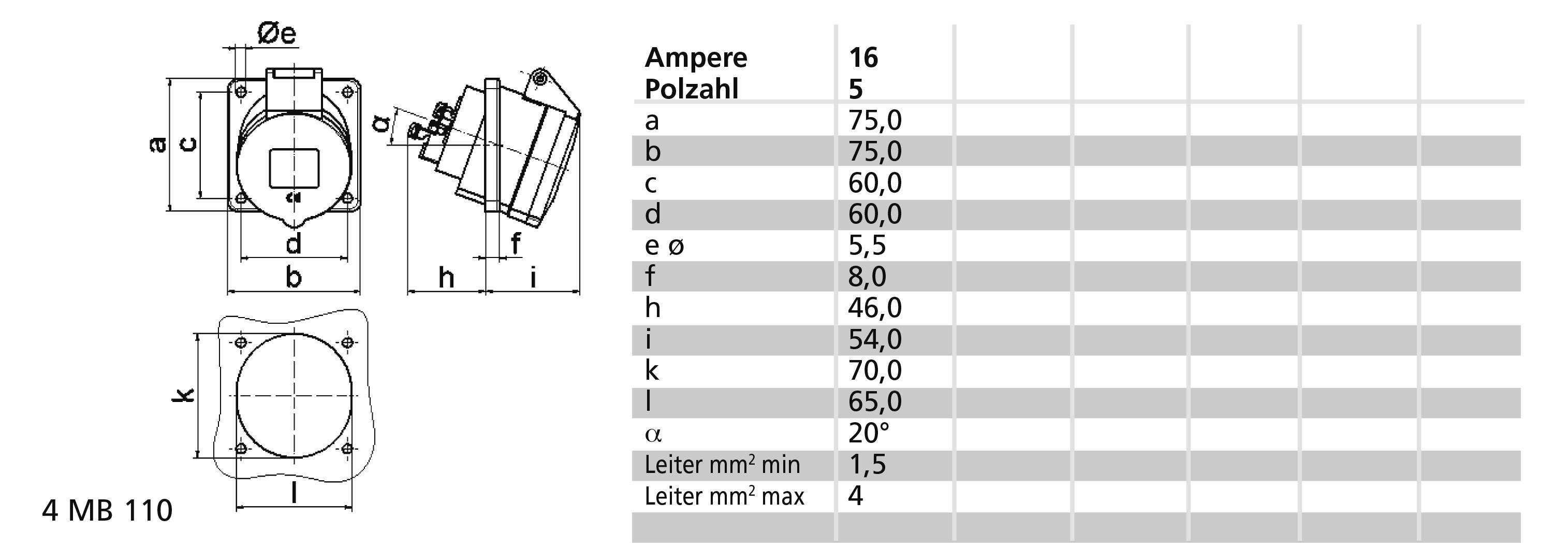 Rysunek techniczny złącza elektrycznego z wymiarami i tabelą: 16 amperów, liczba biegunów 5, różne wymiary.