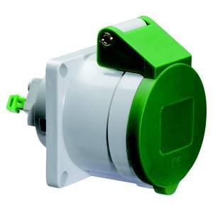 Zielony, okrągły wtyk zewnętrzny na białej płytce ściennej, odpowiedni do wytrzymałych zastosowań na wolnym powietrzu.