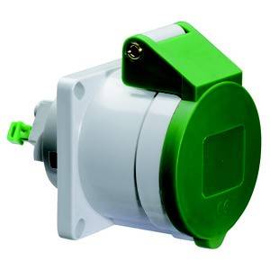 Gniazdo przemysłowe z zielonym deklem zamykającym, nadające się do montażu ściennego.