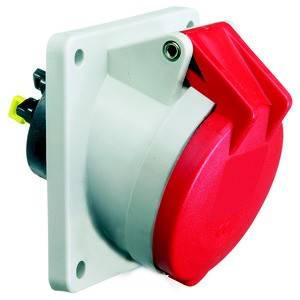 Czerwony wtyk ścienny z szarą obudową i żółtym mechanizmem zamykającym, w pionowej orientacji, techniczny element przyłączeniowy.