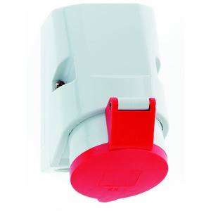 Biały elektryczny złącz z czerwonym zamknięciem. Odpowiedni do zastosowań przemysłowych.