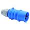 Niebieski, trzystykowy wtyk elektryczny z obudową z tworzywa sztucznego, odpowiedni do zastosowań przemysłowych i dużych natężeń prądu.