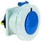 Okrągłe, niebieskie przemysłowe gniazdo elektryczne z białą obudową, odpowiednie do montażu ściennego, z widocznym zamknięciem u góry.