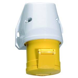 Biała i żółta wtyczka elektryczna do zastosowań przemysłowych, zamontowana na uchwycie ściennym.