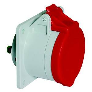Czerwone gniazdo wtykowe z montażem kątowym, przeznaczone do zastosowań przemysłowych, charakteryzujące się wytrzymałą konstrukcją z osłoną ochronną.