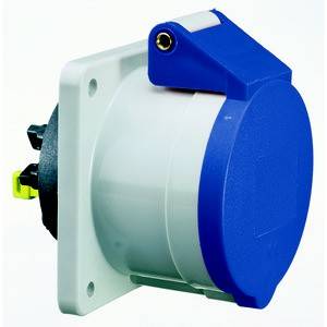 Złącze przemysłowe z niebieską pokrywką i białą obudową. Odpowiednie do zastosowań w środowiskach przemysłowych.