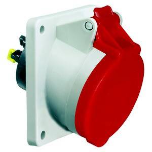 Biała elektryczna wtyczka z czerwoną osłoną, widziana z boku.