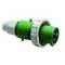 Zielony, trzybiegunowy wtyk przemysłowy w obudowie z tworzywa sztucznego, odpowiedni do podłączeń elektrycznych w zastosowaniach komercyjnych lub przemysłowych.