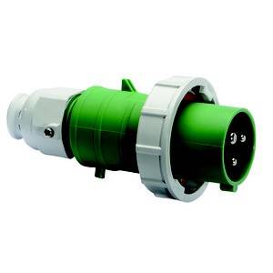 Zielony trójbiegunowy złącze z białym pierścieniem; przemysłowy standard dla instalacji elektrycznych.