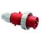 Przemysłowy czerwony wtyk z trzema stykami metalowymi i szarą obudową, odpowiedni do zastosowań w wysokowydajnych złączach elektrycznych.