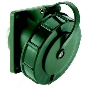 Ciemnozielony, okrągły elektryczny złącz z klapką ochronną na kwadratowej podstawie.