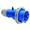 Wtyk przemysłowy, niebieski, trzybiegunowy, z szarą obudową z tworzywa sztucznego i zamknięciem śrubowym. Odpowiedni do połączeń elektrycznych.