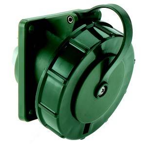 Zielony wtyk ścienny z okrągłą pokrywą i górnym uchwytem, służący do bezpiecznego podłączania urządzeń elektrycznych.