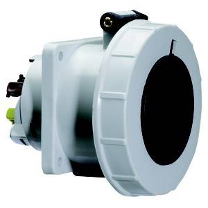 Przemysłowe gniazdo elektryczne do zastosowań w trudnych warunkach, wykonane z białego materiału, o cylindrycznym kształcie, z widocznymi złączami bocznymi.