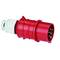 Czerwona trzyfazowa wtyczka prądu silnoprądowego z białymi elementami, odpowiednia do zastosowań przemysłowych.