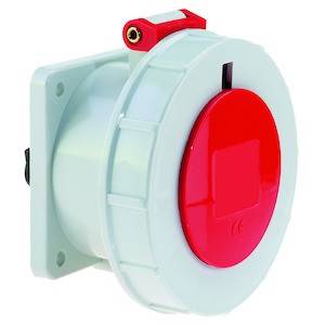 Biały-czerwony, okrągły elektryczny przełącznik na płycie ściennej, prawdopodobnie przeznaczony do zastosowań przemysłowych lub technicznych.