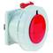 Biały-czerwony, okrągły elektryczny przełącznik na płycie ściennej, prawdopodobnie przeznaczony do zastosowań przemysłowych lub technicznych.