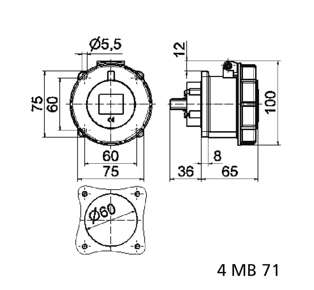 Rysunek techniczny elementu mechanicznego z wymiarami w milimetrach; przedstawiający widok z przodu, widok z boku oraz schemat otworów.