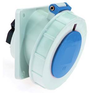 Gniazdo przemysłowe, okrągłe, niebiesko-białe, z osłoną ochronną. Przeznaczone do zastosowań wymagających wysokiej wydajności elektrycznej. Idealne do zastosowań przemysłowych.