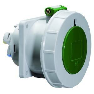 Biała, okrągła wtyczka elektryczna z zielonym wkładem pośrodku, widziana z boku.