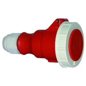 Czerwona wtyczka CEE z białą pokrętną blokadą.