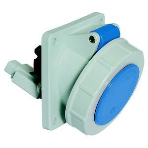 Gniazdo przemysłowe, niebiesko-białe, obudowa z tworzywa sztucznego, sfotografowane z boku, przeznaczone do wytrzymałych połączeń elektrycznych.