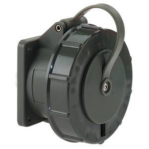 Przemysłowe złącze z szarego tworzywa sztucznego z zakrywanym gniazdem, montowane z boku. Odpowiednie do wymagających warunków podłączenia.