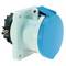 Niebieski, okrągły wtyk na białej płytce montażowej, odpowiedni do przemysłowych połączeń elektrycznych.