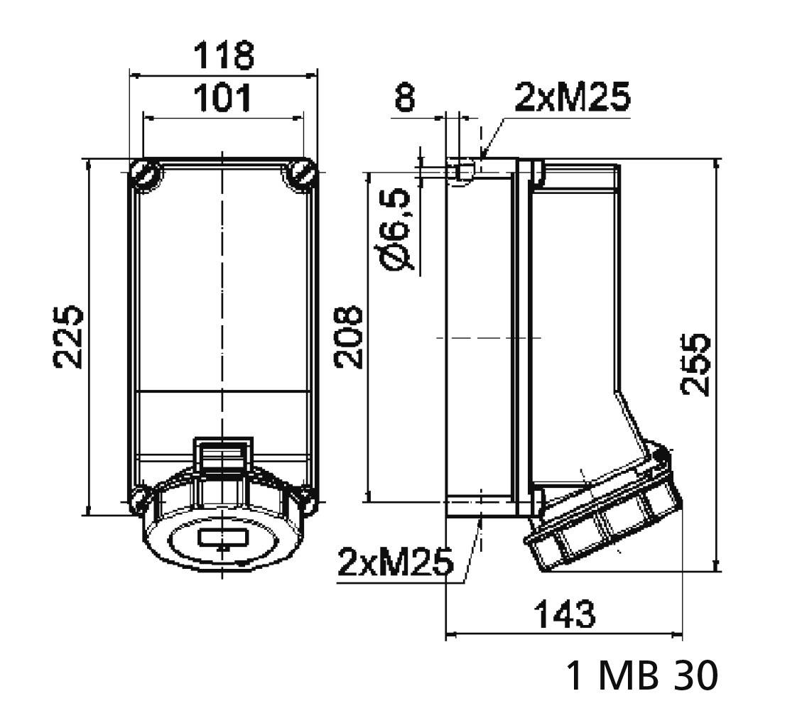 Rysunek techniczny obudowy prostokątnej o wymiarach: 225x118x101 mm. Widok z boku przedstawia możliwość podłączenia '2xM25'.