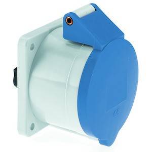 Niebieski, okrągły złącz wtykowy z osłoną w kształcie kapsuły i płytką montażową, przeznaczony do przemysłowych instalacji elektrycznych.
