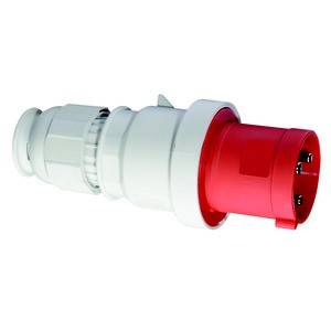 Czerwona i biała wtyczka elektryczna, najprawdopodobniej wtyk przemysłowy, używany do przesyłania silnych prądów w zastosowaniach komercyjnych.