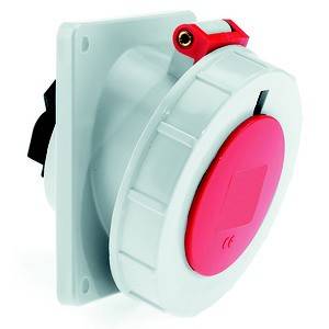 Okrągłe, białe gniazdo wtykowe z czerwoną zaślepką i oznaczeniem CE, odpowiednie do zastosowań przemysłowych.