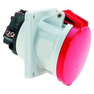 Biały elektryczny złącz z czerwoną zaślepką ochronną, odpowiedni do zastosowań przemysłowych.