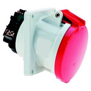 Okrągły, czerwono-biały elektryczny wtyk przemysłowy, odpowiedni do ciężkich zastosowań maszynowych.