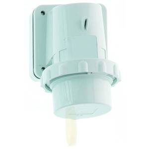 Biały wtyk ścienny z osłoną ochronną, przeznaczony do zastosowań przemysłowych.