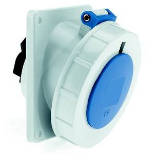 Biała i niebieska wtyczka ścienna o okrągłym kształcie z mocowaniem śrubowym, zapewniająca bezpieczną instalację.