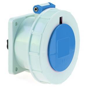 Biało-niebieskie okrągłe gniazdo wtykowe do zastosowań przemysłowych.