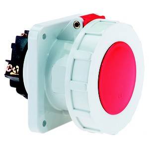 Biała przycisk awaryjnego wyłącznika z czerwonym przyciskiem i czarną podstawą, nadająca się do montażu ściennego.