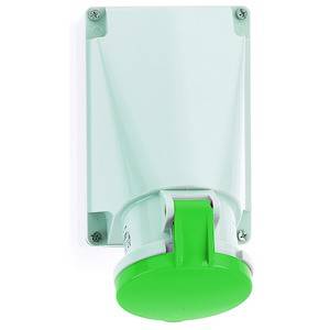 Zielony i biały wtyk ścienny, o cylindrycznym kształcie z prostą tylną ścianką, stosowany do połączeń elektrycznych.