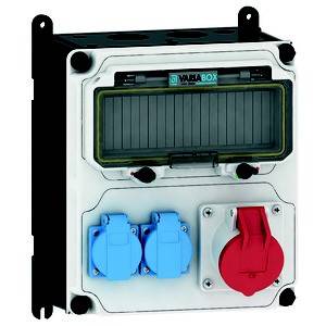 Elektryczne pudełko rozdzielcze z gniazdkami, wyposażone w dwa niebieskie gniazda elektryczne oraz czerwony przełącznik.