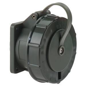 Okrągłe, ciemnoszare gniazdo elektryczne z pokrywką; odpowiednie do stosowania na zewnątrz.