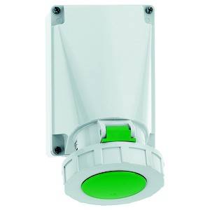 Duży, okrągły, zielony przycisk na białej obudowie, zamontowany na ścianie. Mógłby służyć jako przełącznik lub wskaźnik kontrolny.