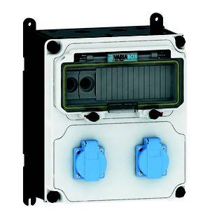 'Elektryczny rozdzielacz z dwoma niebieskimi gniazdami i przezroczystą pokrywą ochronną, przeznaczony do zastosowań przemysłowych.'