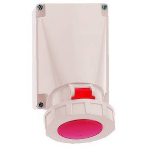 Duży czerwony przycisk awaryjny zamontowany na białym uchwycie ściennym, gotowy do naciśnięcia w sytuacjach awaryjnych.