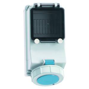 Elektryczny złącz z szarą obudową i czarną pokrywą. Na dole znajduje się niebieskie pokrętło do blokady.