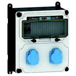 Biały elektryczny rozdzielacz z napisem 'VARIABOX', zawierający kilka bezpieczników i dwie niebieskie gniazda elektryczne.