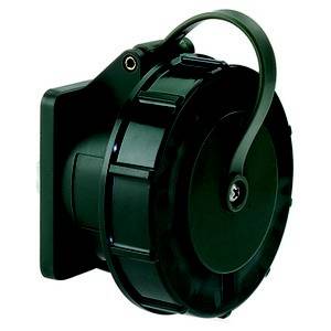 Czarny, okrągły elektroniczny przyrząd z uchwytem na górze. Wygląda na przemysłowy złącz lub przełącznik.