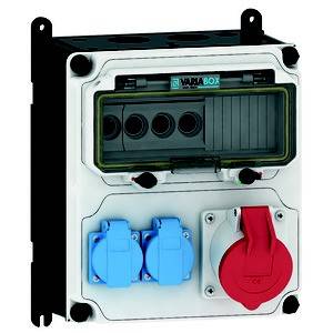 'Przemysłowe gniazdo i przełącznik z niebieskimi i czerwonymi złączami, odpowiednie do stosowania w elektrycznych systemach dystrybucyjnych.'