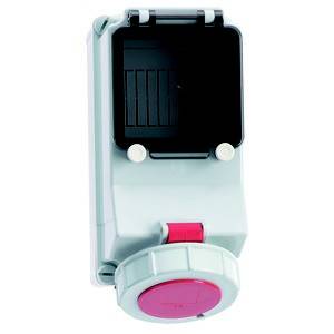 Szare elektyczne obudowa z czerwonym gniazdem zasilającym i przełącznikiem. Jest otwarta, ukazując wnętrze z punktami stykowymi.